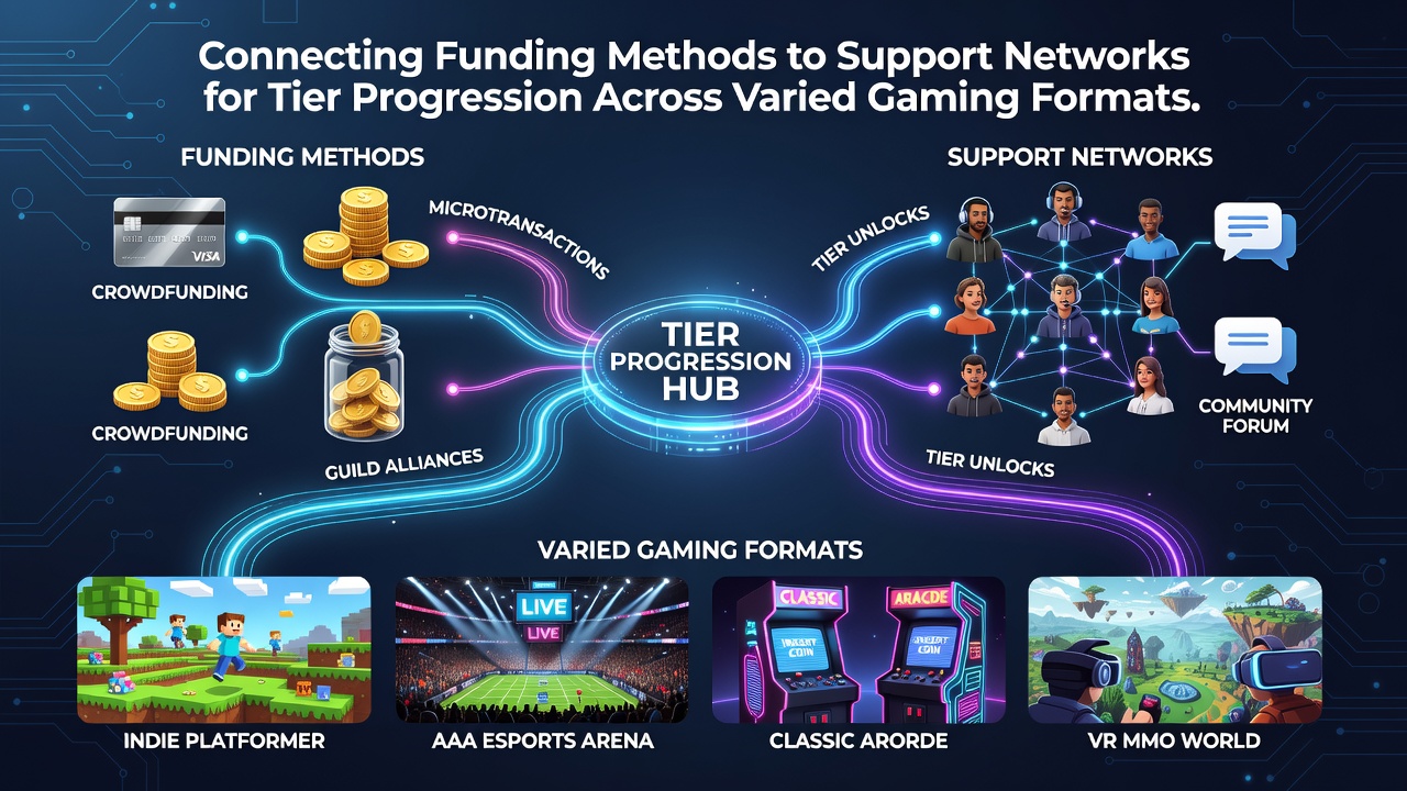 Diagram showing support networks connecting funding methods to tier progression across multiple gaming formats