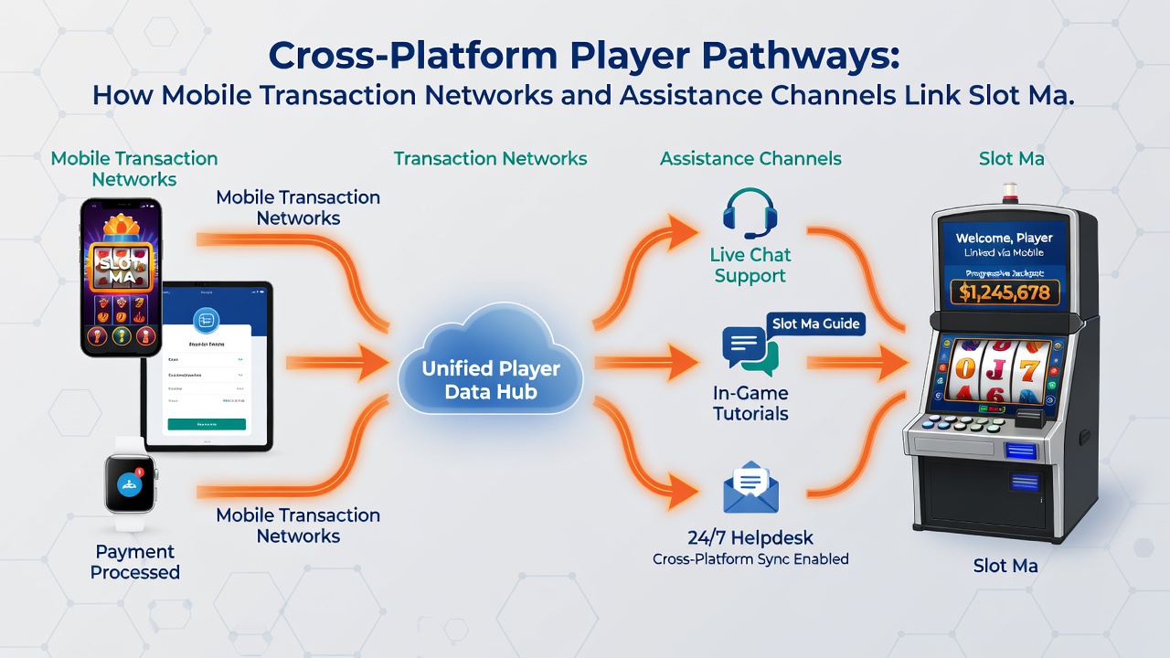 Diagram showing assistance channels and tiered membership systems integrated with mobile payments for casino and sports betting