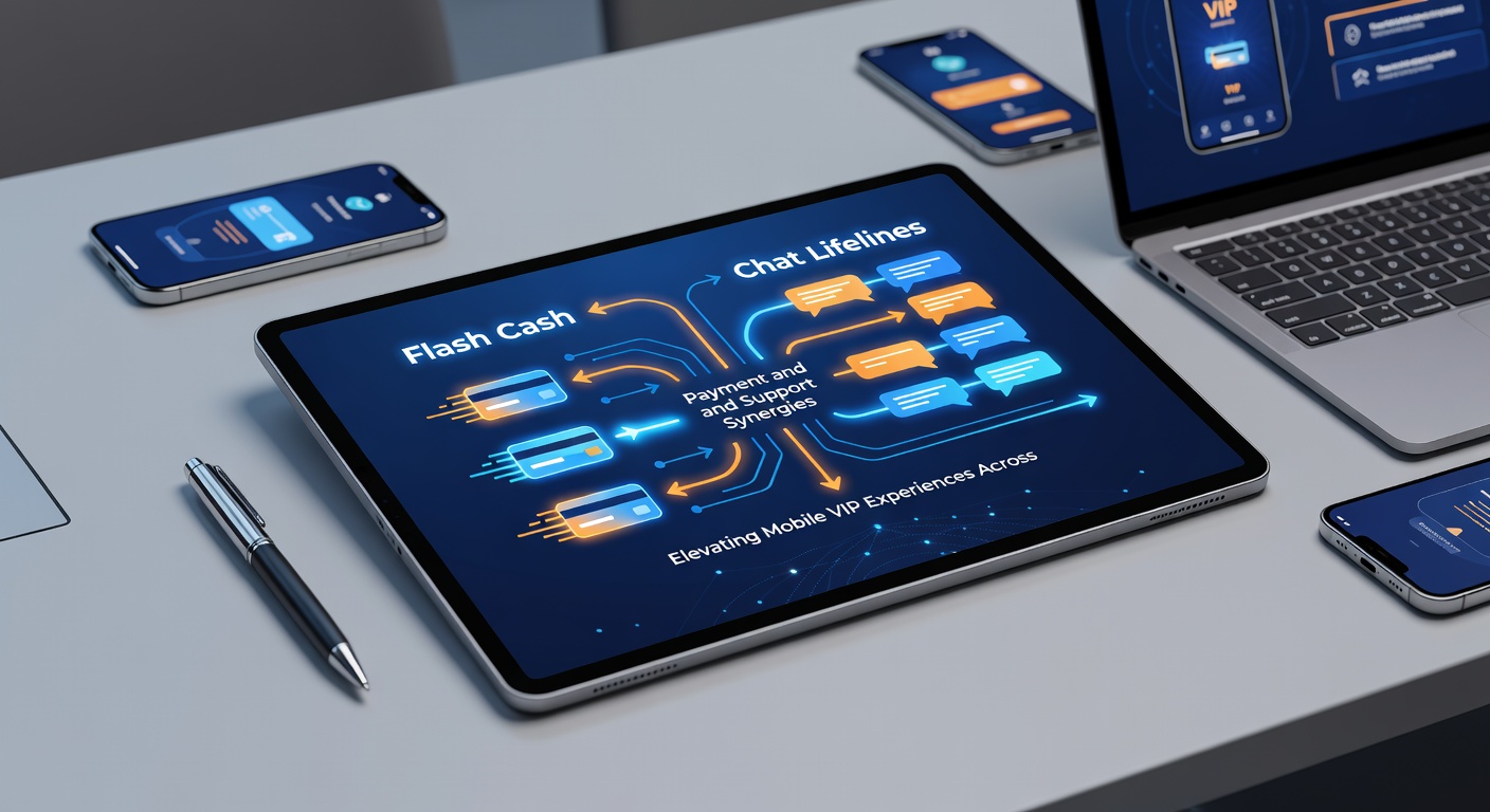 Dynamic split-screen view showing Flash Cash transaction completing alongside a Chat Lifeline conversation guiding a VIP through high-limit table game strategies on mobile