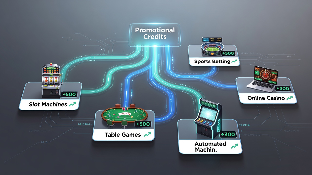 Illustration of promotional credits transitioning between live broadcast gaming and sports forecasting interfaces