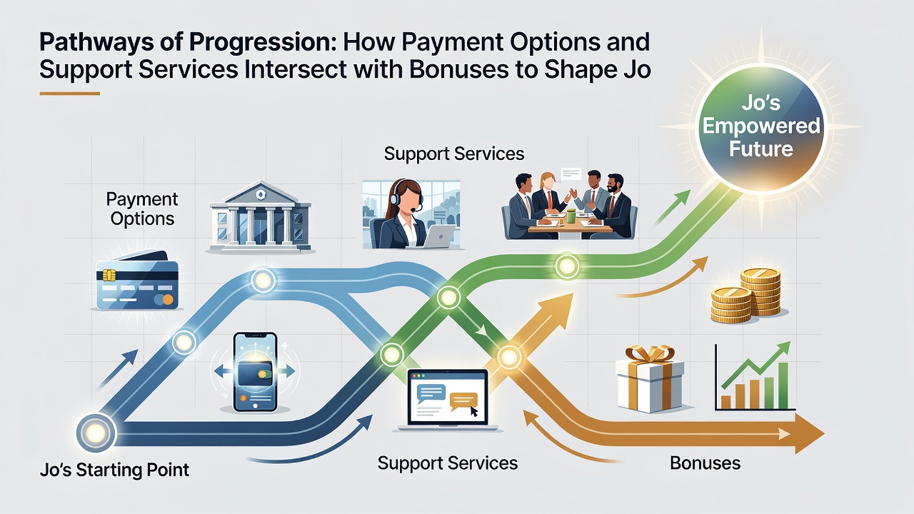 Diagram showing support service touchpoints connecting payment confirmations with bonus redemptions across casino and sports sections