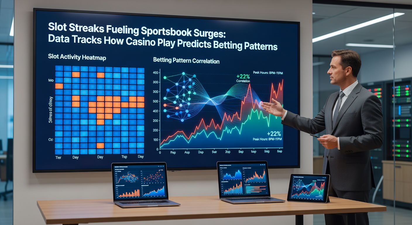 Dashboard screenshot displaying real-time analytics of player journeys from slot machines to sportsbook interfaces, with heat maps highlighting peak crossover times
