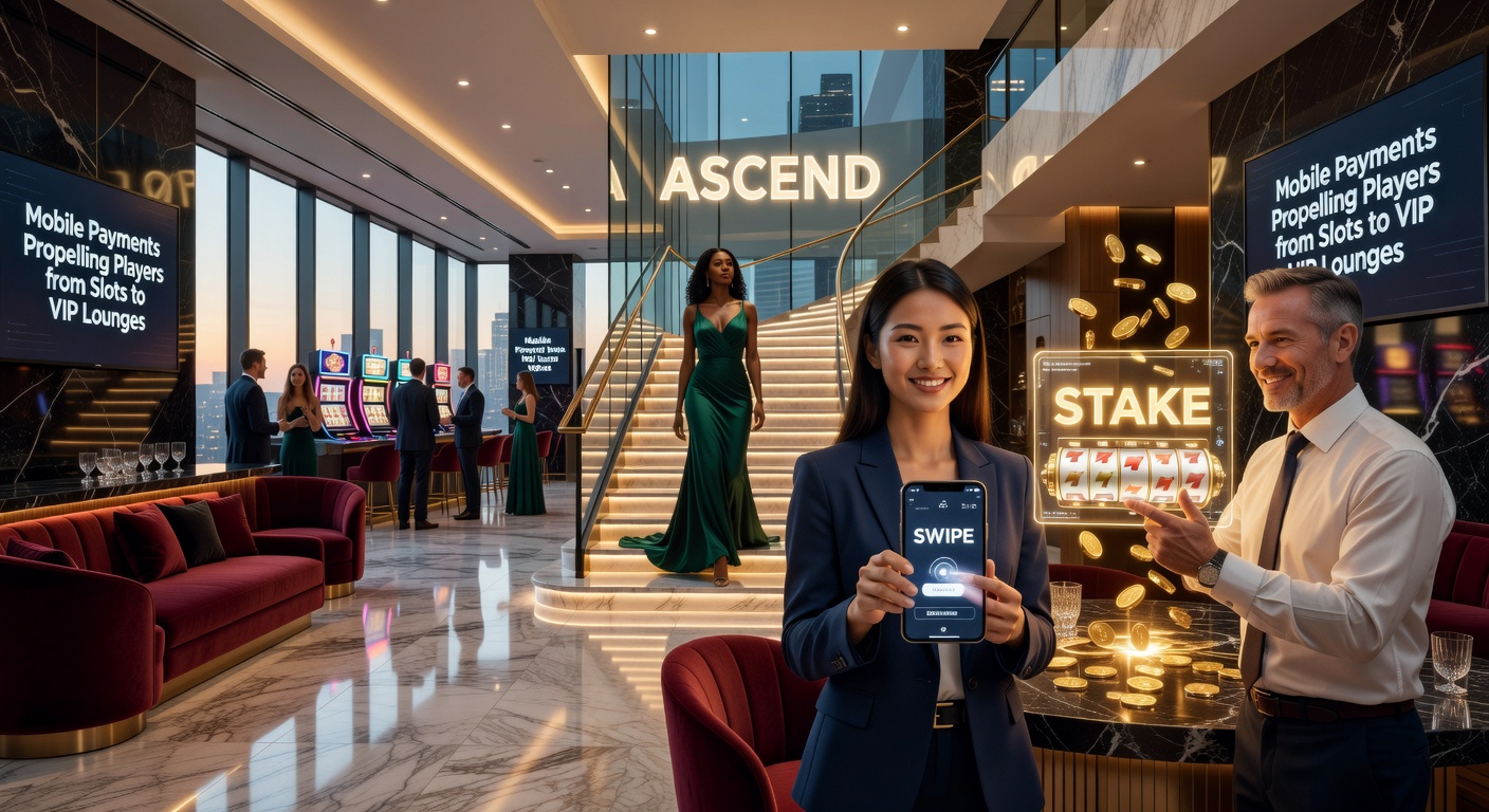 Illustration of a player's journey: hand swiping on phone to deposit, transitioning from colorful slot machines to an opulent VIP lounge with high-limit tables and champagne service