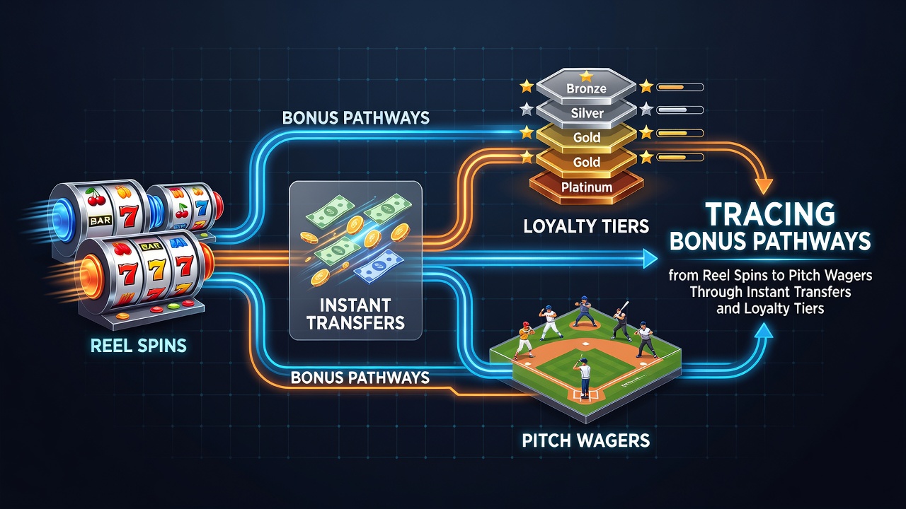 Loyalty tier dashboard on smartphone showing progress from slots to sports bets with instant transfer icons
