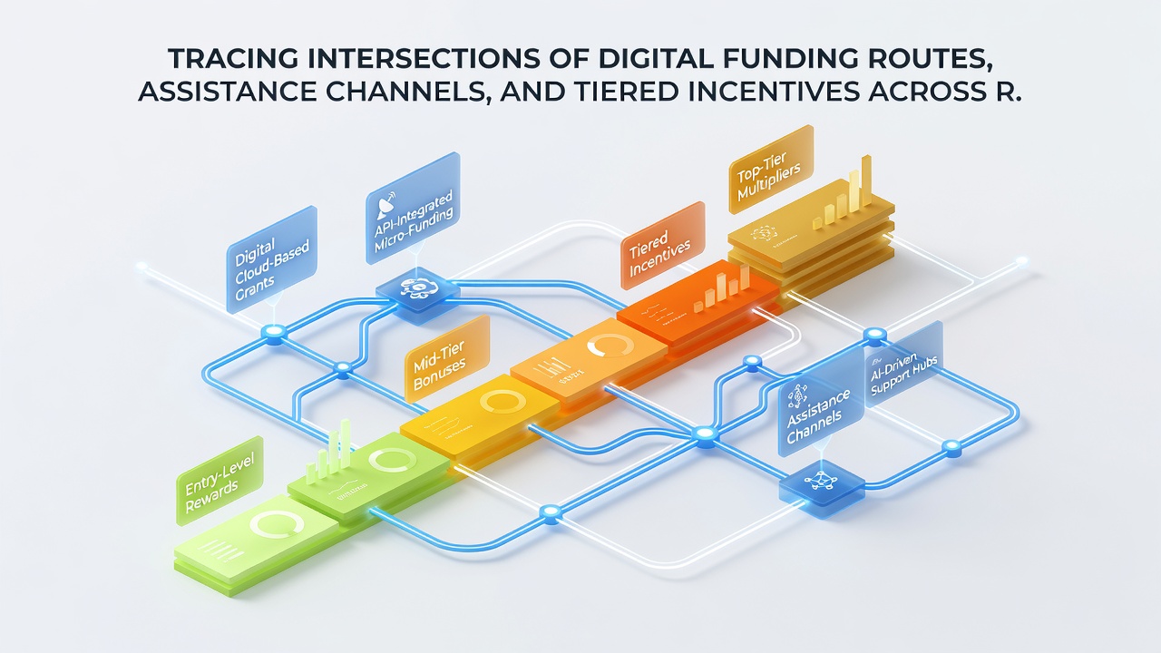 Flow diagram showing funding routes, support channels, and incentive tiers linking mobile slots, tables, and sports bets