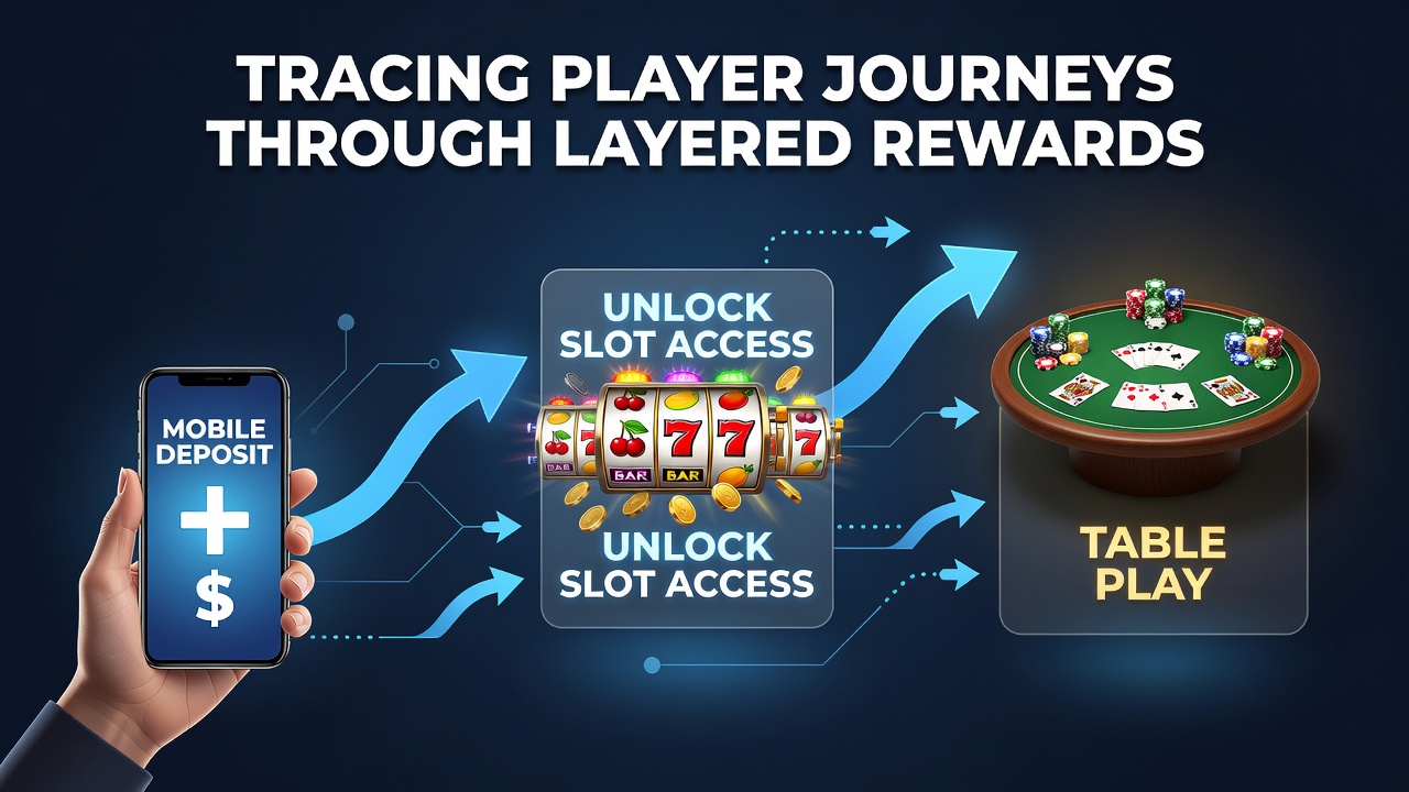 Diagram showing layered reward progression from mobile deposits to slots, live tables, streams, and sports wagers