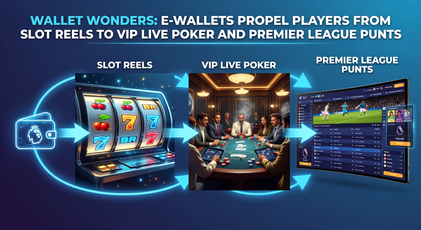 Montage of a player navigating from colorful slot reels to a high-stakes live poker table and Premier League betting slip, all funded via a sleek e-wallet dashboard